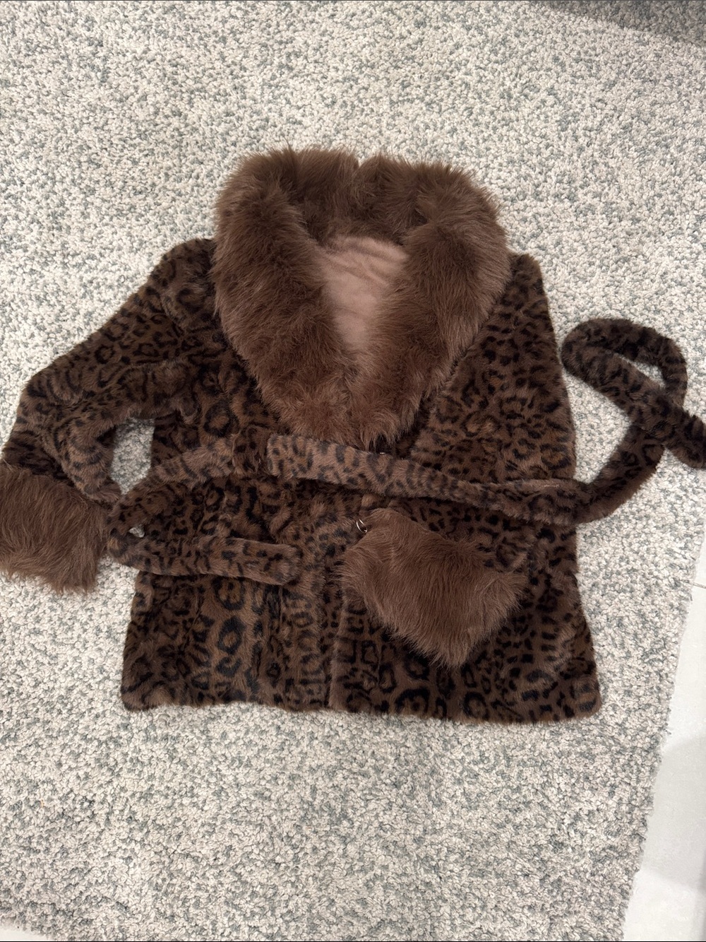 Brown Faux Fur Leopard-Print Coat with Belt